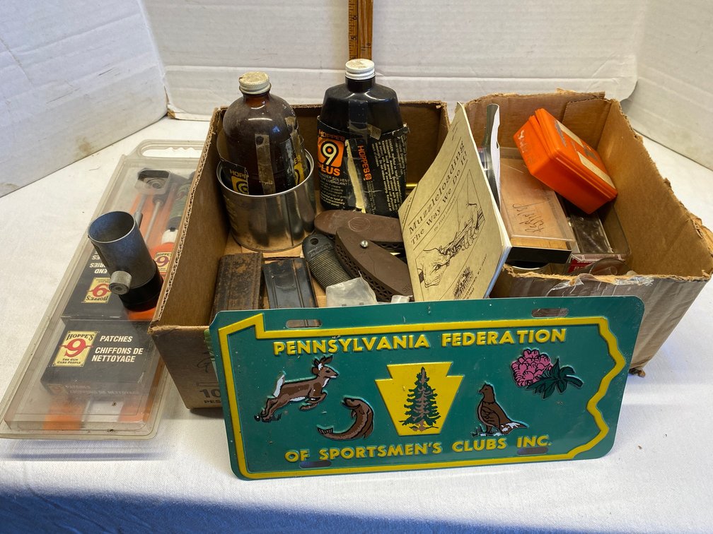 Reloading supplies, gun cleaning supplies, metal Pennsylvania Sportsman's Club license plate