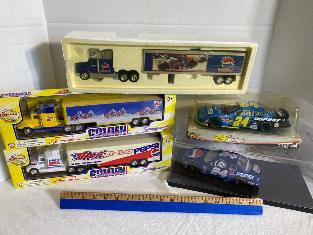 3 Pepsi-Cola tractor trailers with boxes, 2 Pepsi Jeff Gordon Nascars