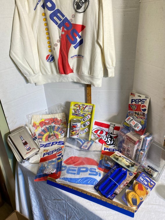 Pepsi-Cola collectibles-shirts, napkin dispenser, beach towel, playing cards, salt & pepper shaker, cars, bottle ice tray