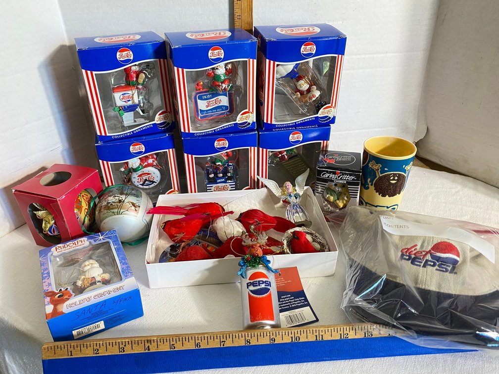 Pepsi-Cola collectibles-Holiday ornaments-6 are still in original boxes, Diet-Pepsi hat, Oreo milk cup, other ornaments