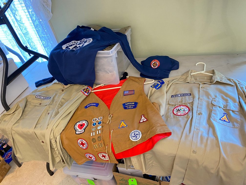 Assortment of Royal Rangers uniforms, vest with many patches, parka
