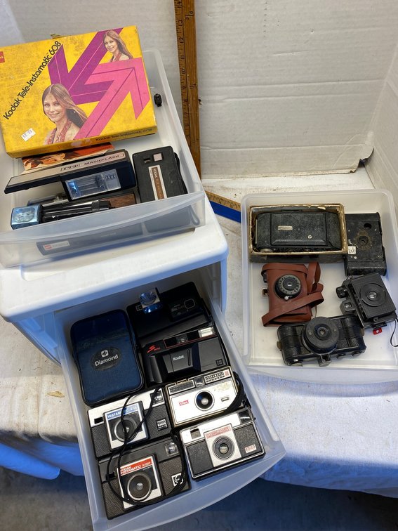 Sterlite 3 drawer organizer with assorted cameras-Kodak Instamatic and more