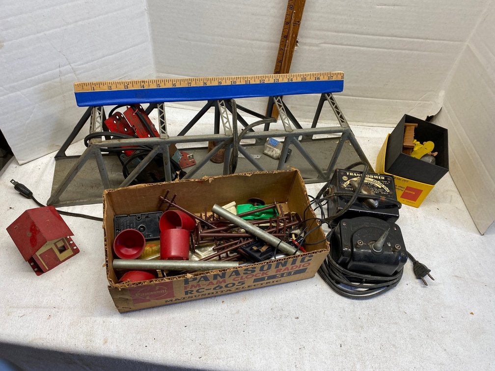 Train accessories-metal bridge, metal and plastic accessories, Marx transformer, Lionel type 1073 transformer