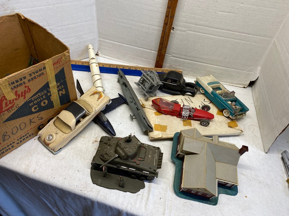 Assortment of plastic toys, models, cars, tank, ships, planes**some are damaged**
