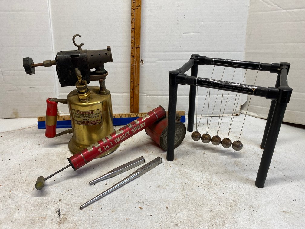 Vintage blow torch, insect duster, 2 punches, Pend-U-Lation perpetual motion instrument