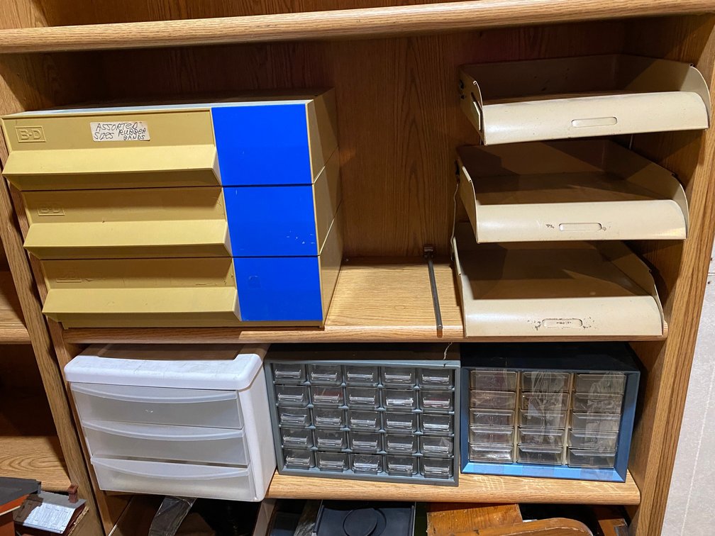 2 Shelves of small plastic parts, organizers-with some contents