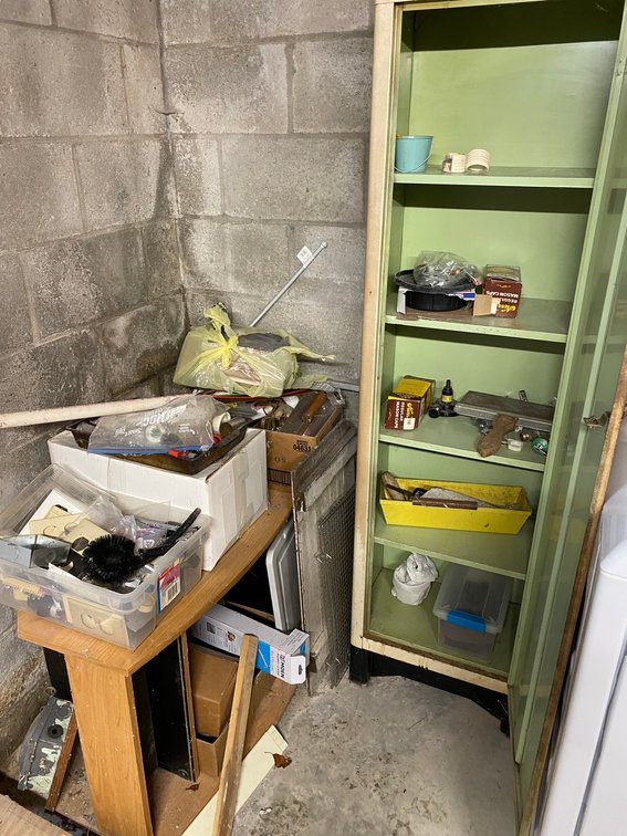 Metal cabinet with contents, corner lot of electrical supplies, misc.