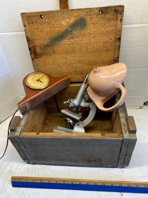 Small vintage wooden crate-approx. 15" wide, microscope, small electric clock, novelty mug