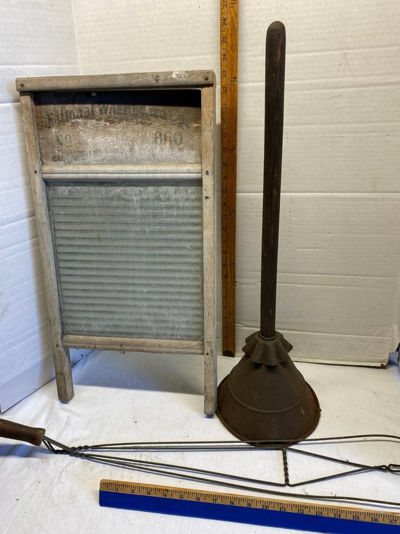 Rug beater, glass washboard, Ward Vacuum washer for bucket plunging