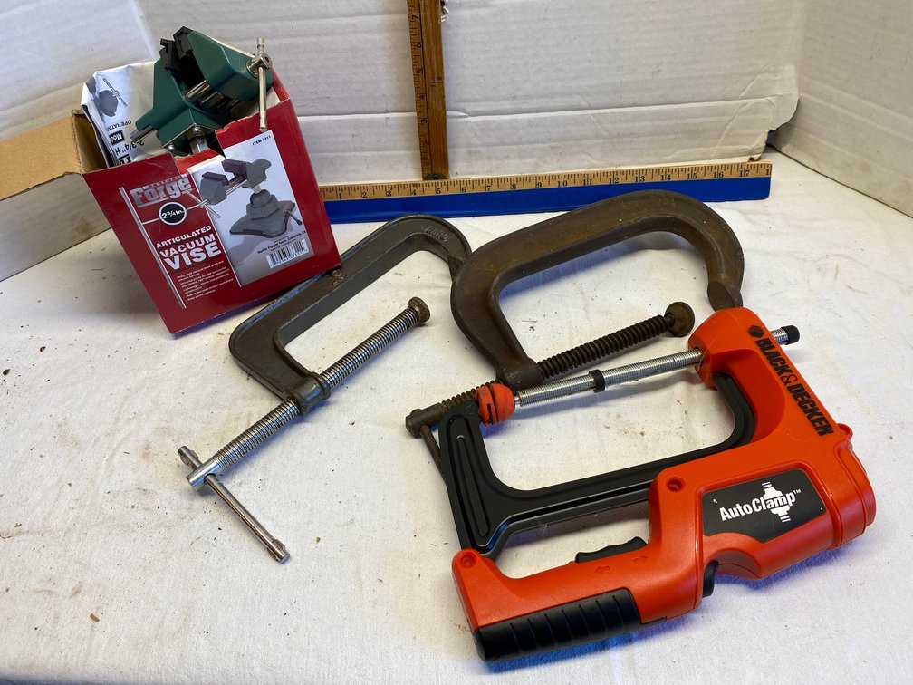 Two 6" c-clamps, Black & Decker auto vise, vacuum vise-2 3/4" jaws