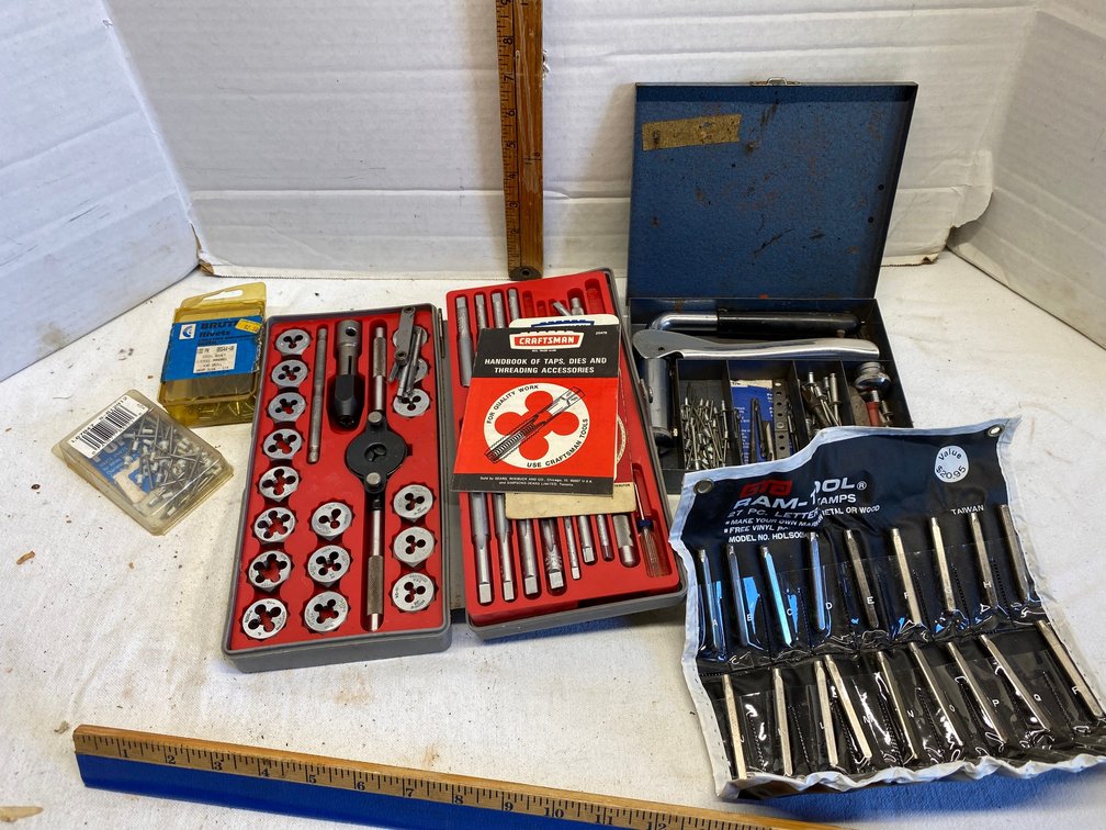 Craftsman tap and die set, rivet gun with rivets, letter punch set
