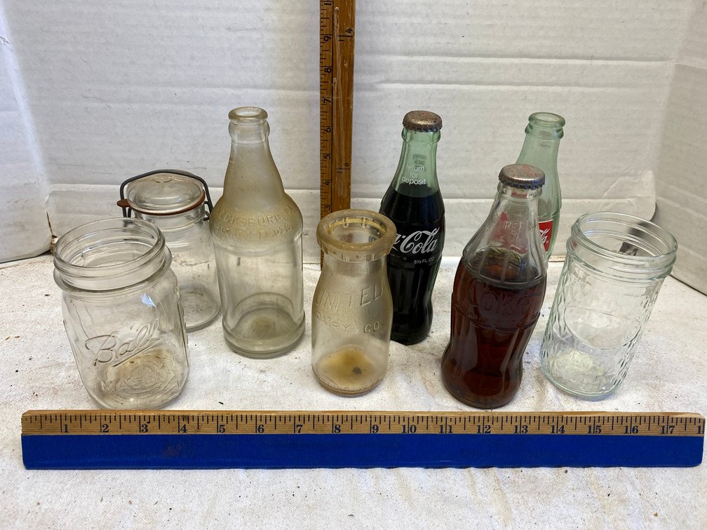 Assorted bottles and jars-1 Will G. Keck Inc. from Kecksburg, PA, 1 United Dairy bottle from Wheeling, WV, Coca-Cola bottles
