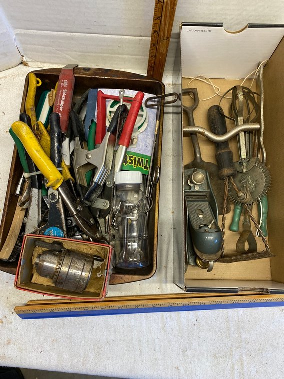 Squeeze clamps, rivet gun, horse bit, wood plane, wire cutters