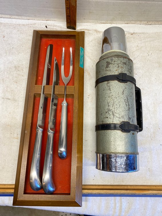 Carving set made by Hanford Forge, Stanley thermos