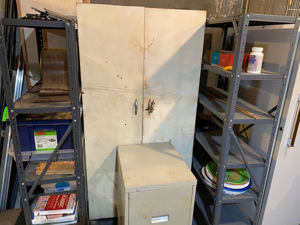2 Door metal cabinet, 2 drawer file cabinet, 2 metal shelves with contents