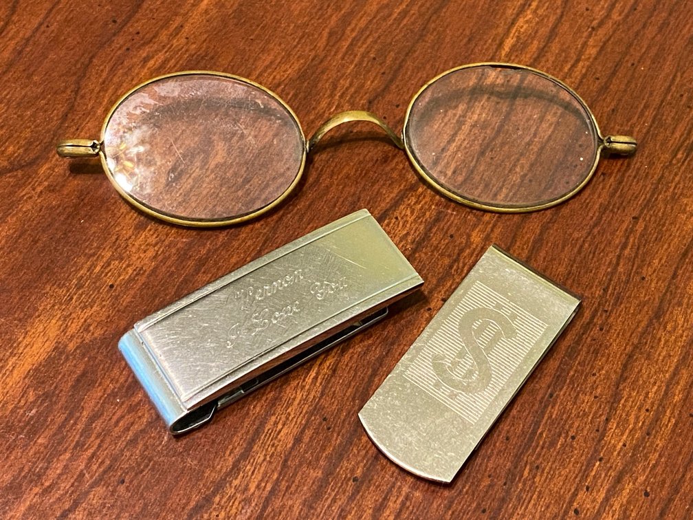 2 Money clips, pair of vintage eye glasses
