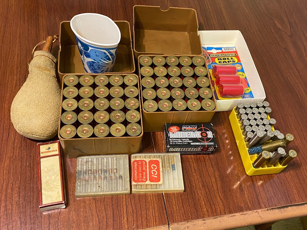 Assorted ammo, powder bag for black powder gun-in tote with lid