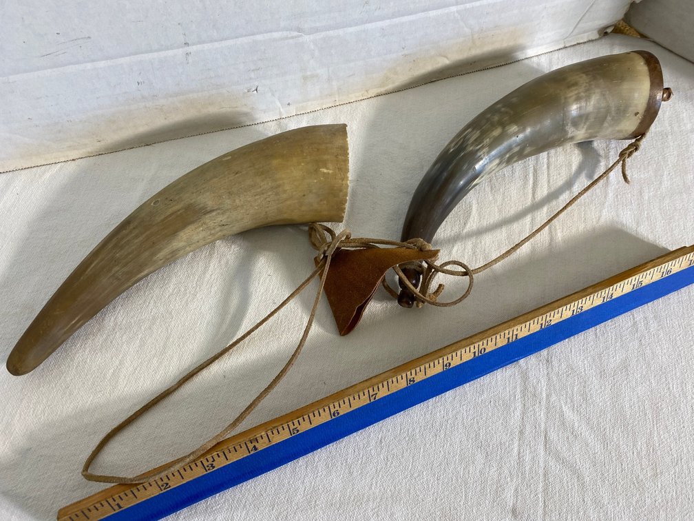 2 Powder horns-1 complete with lid, other is not