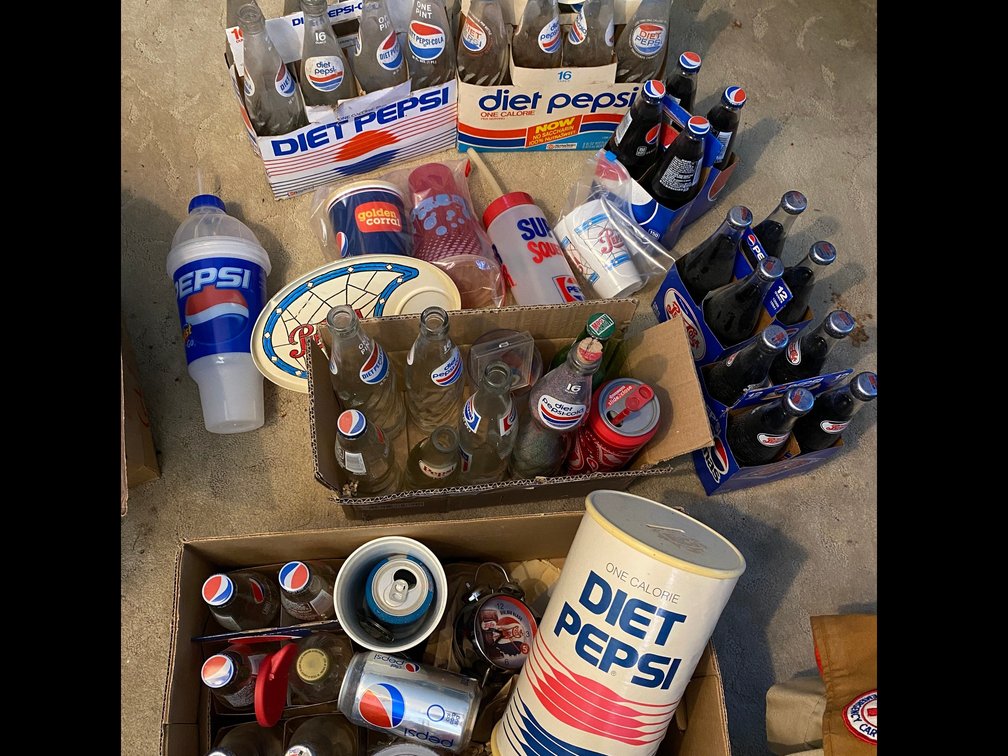 Pepsi-Cola collectible bottles, 1 calorie bank, travel cups