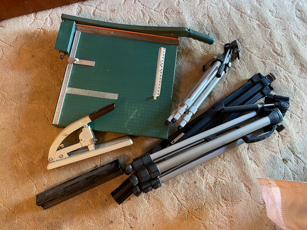 Heavy duty paper cutter, stapler, hole punch, 3 camera tripods