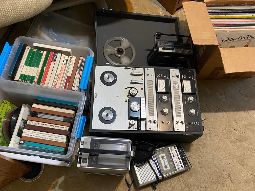 Roberts model 770X reel projector system in a case, small portable TV, cassette player/recorder, records, assorted totes of reel tapes-Dean Martin