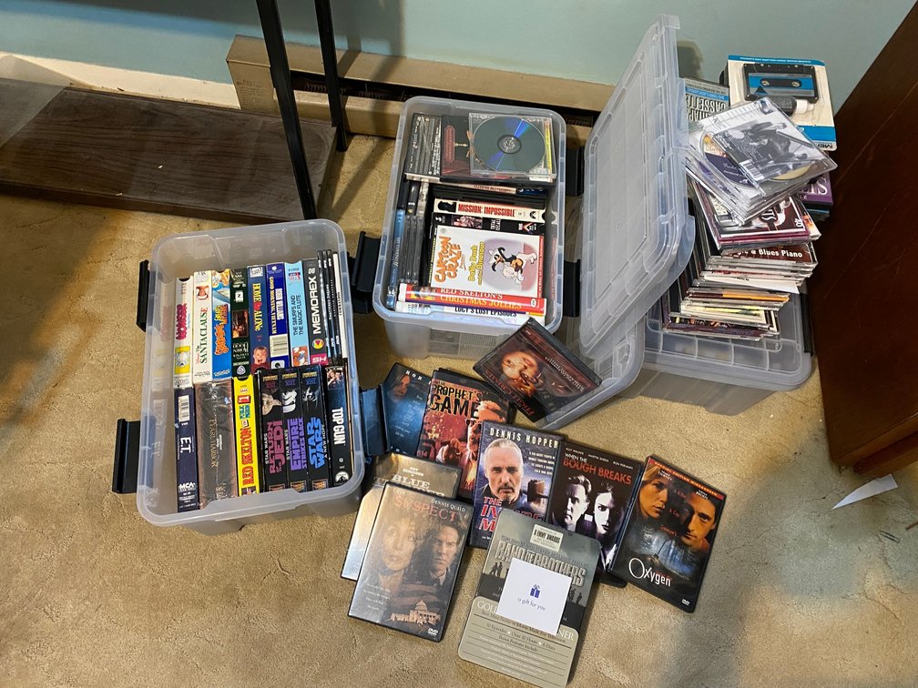 VHS tapes, DVDs, CDs
