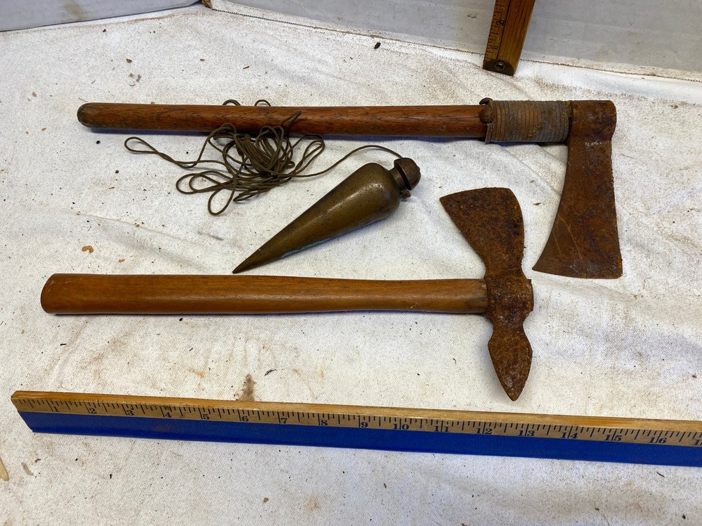 2 Tomahawks**do have rust on them**, antique plumb bob