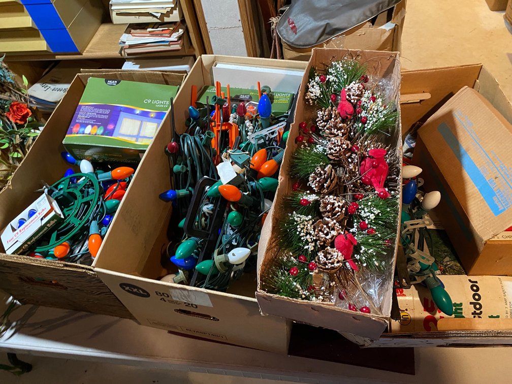 Christmas decorations, colored strings of lights, wreath, replacement bulbs