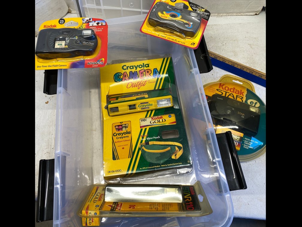 Kodak cameras-Crayola Camera Outfit in package, Kodak Star 110, Kodak Switchable Advantix-all in tote with lid