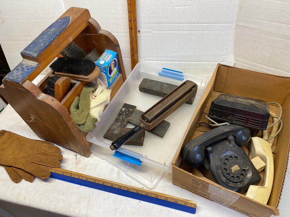 Shoe shine box with supplies, sharpening set, vintage telephone