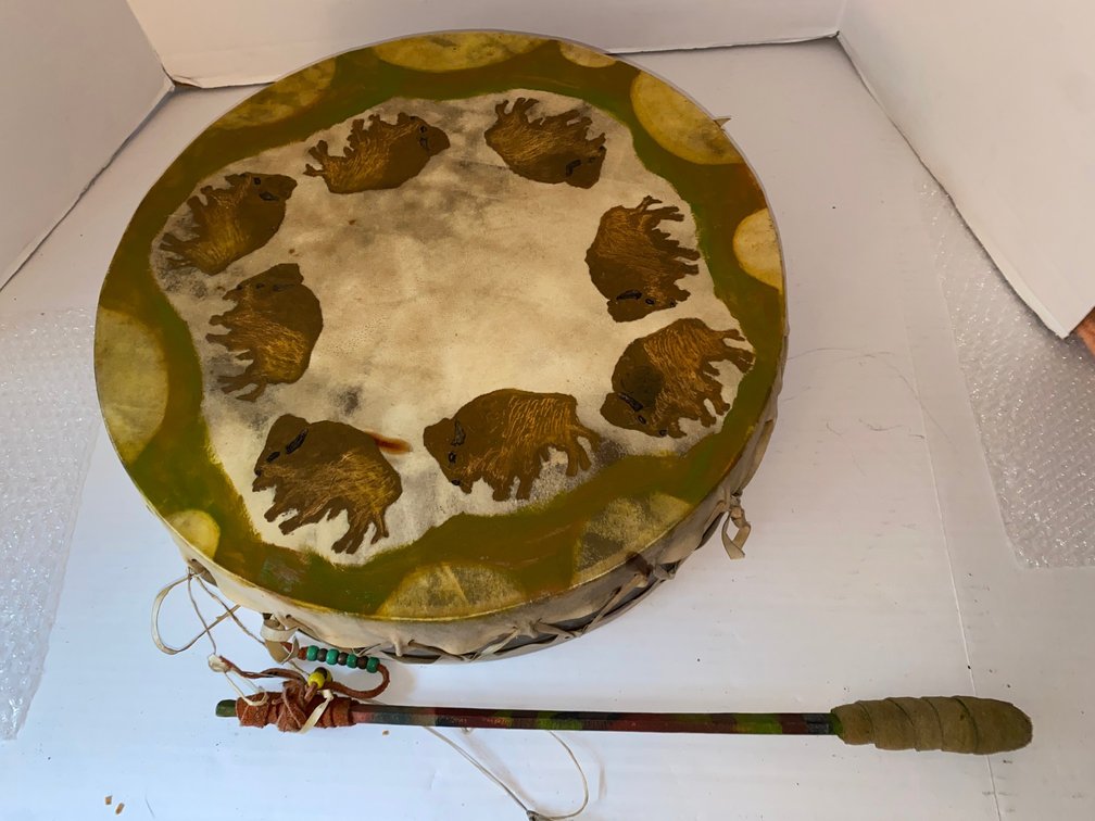 Native American Style Decorated Hide Drum & Beater