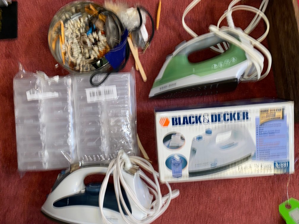Assorted Irons, Shell Jewelry & Clear Storage Boxes