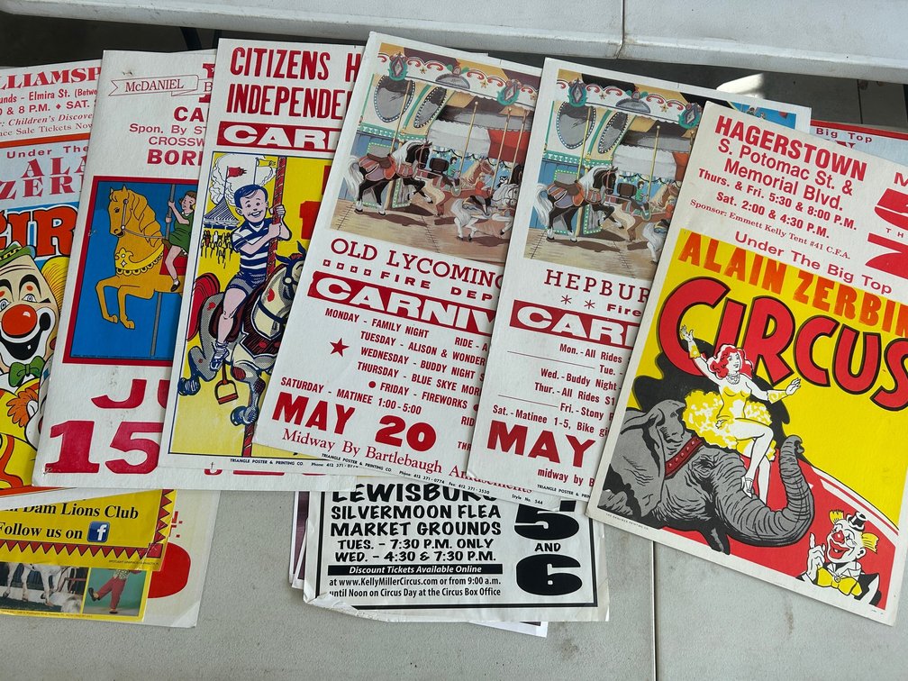 Collection of circus advertisements and posters, card stock and paper