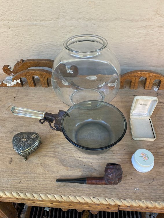 Carved smoking pipe, cookware, fishbowl, misc.