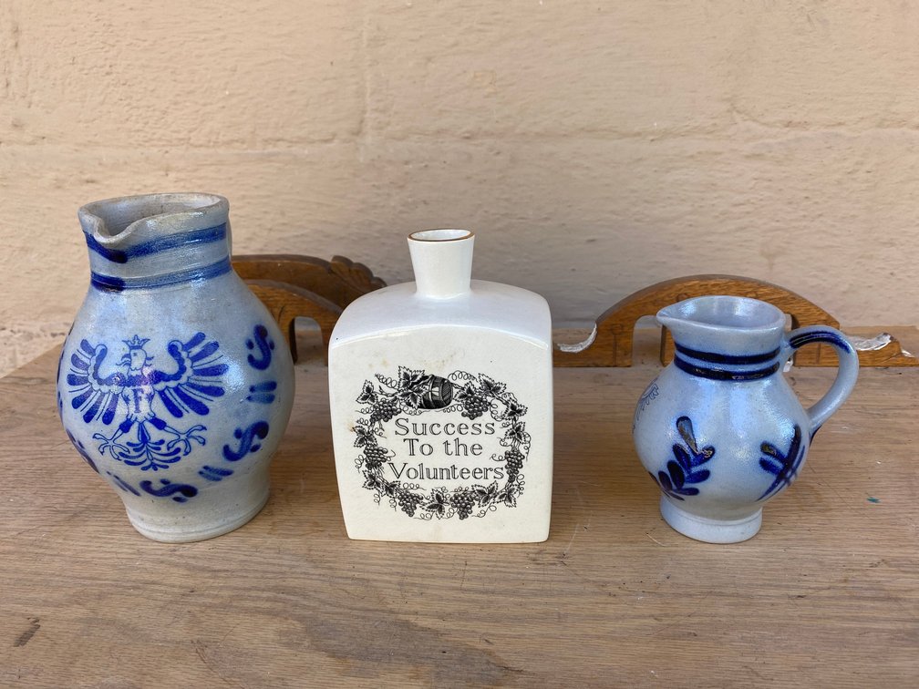 2 Stoneware decorated pitchers, flask
