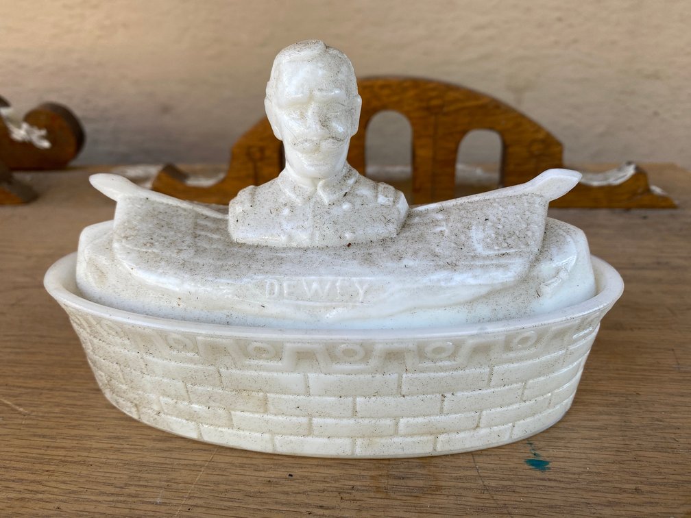 Admiral Dewey on ship white glass bowl