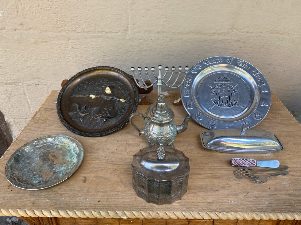Teapot, butter dish, misc. items