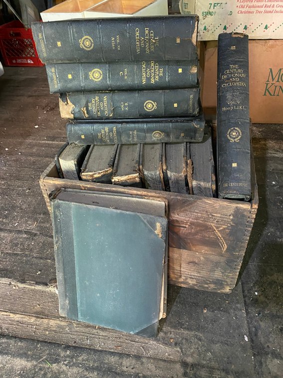 Vintage dictionary  encyclopedias with wooden box