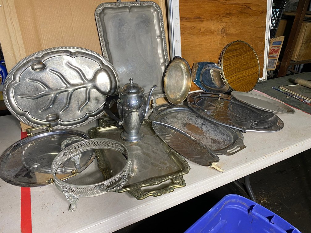 Metal trays, coffee pot