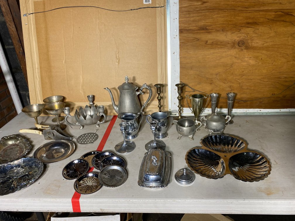 Metal dishware, candlesticks, misc.