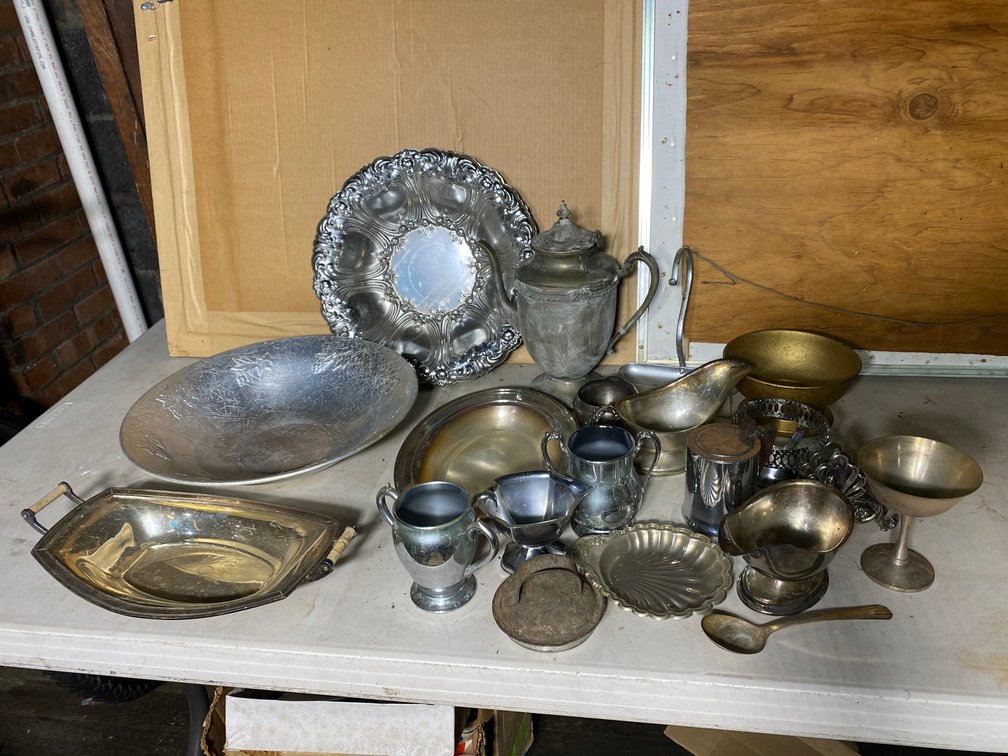 Metal dishware, coffee pot, misc.