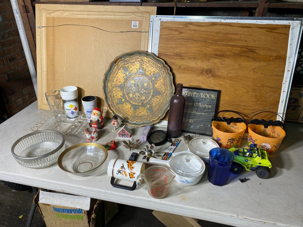 Cookware, glassware, Halloween items, Pyrex measuring cup