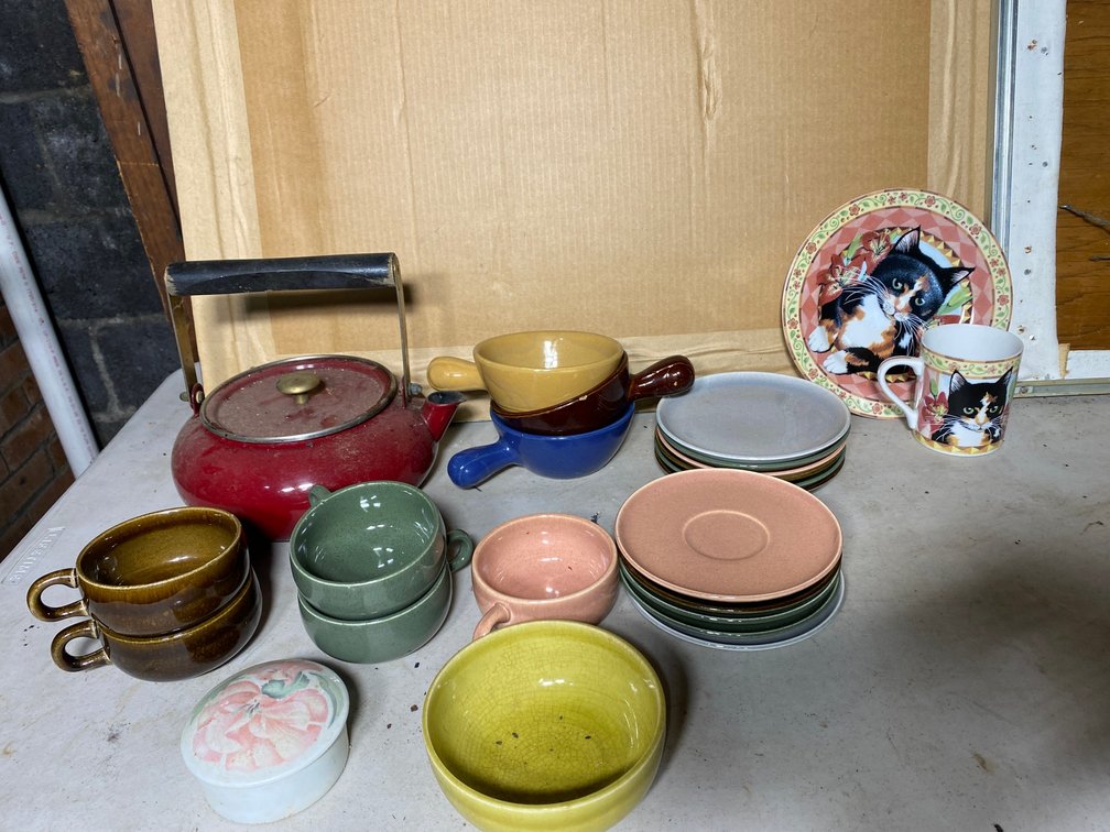 Cups, saucers, teapot, misc.