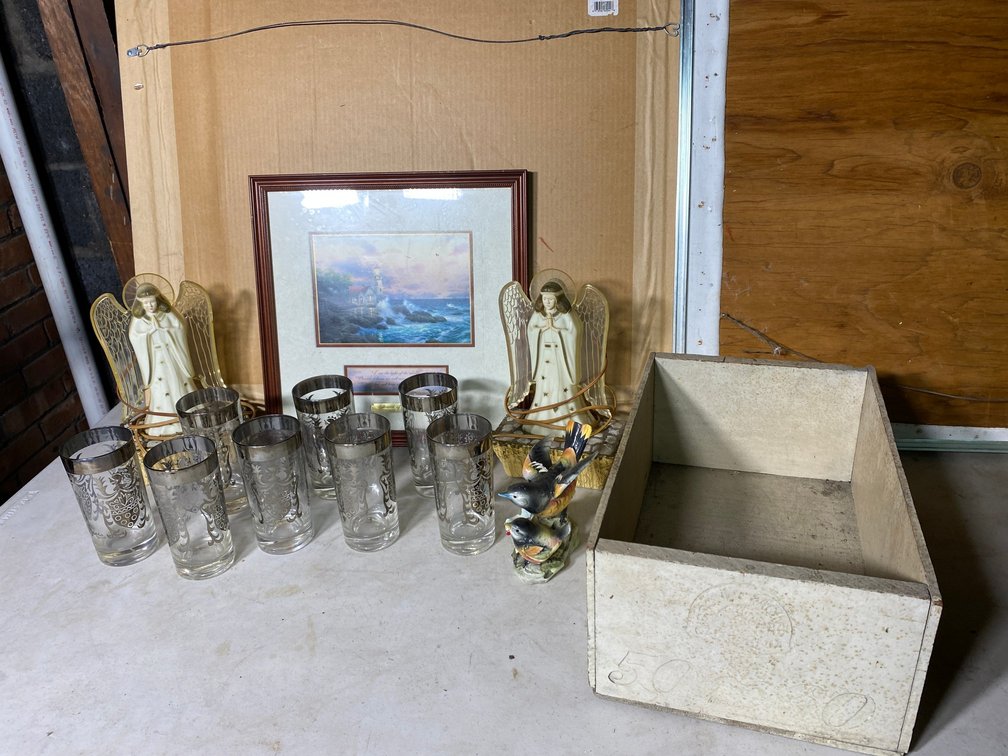 Glassware, lighted Angels, bird decorations, etc.