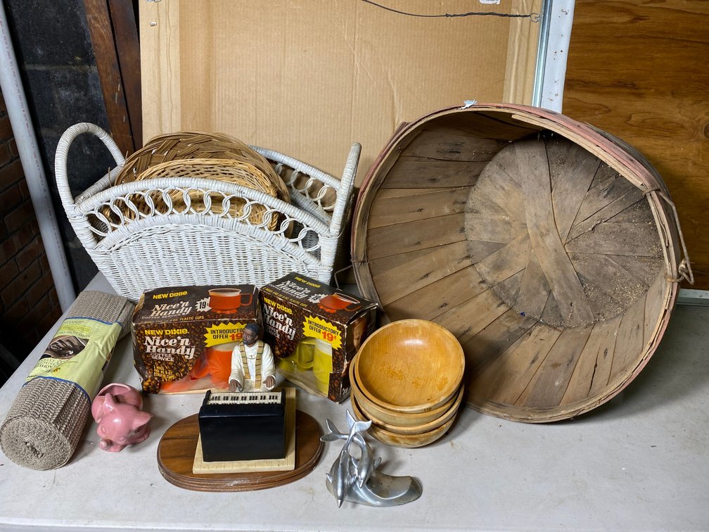 Large wooden basket, wicker basket, Black Americana, etc.