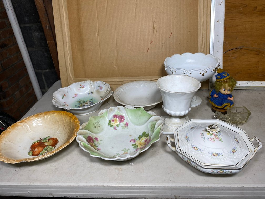 Vintage serving bowls, pedestal candy dish, misc.