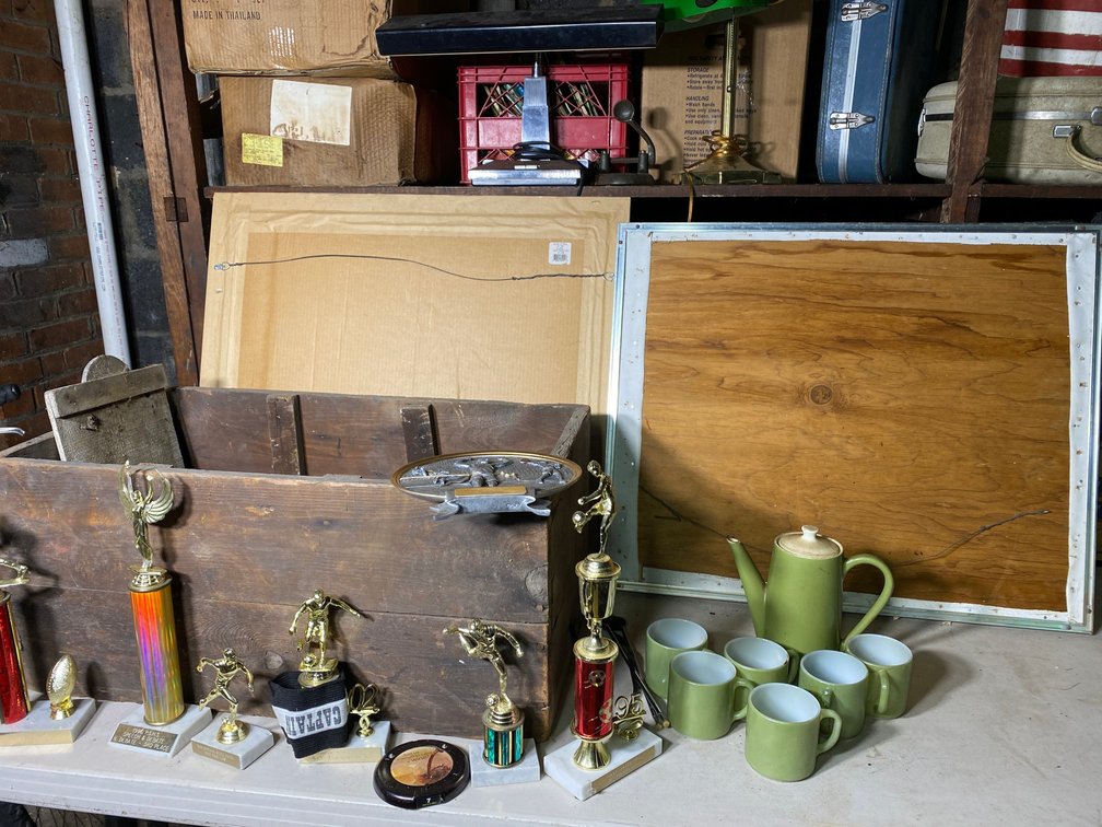 Green coffee pot, cups, trophies, vintage wooden box