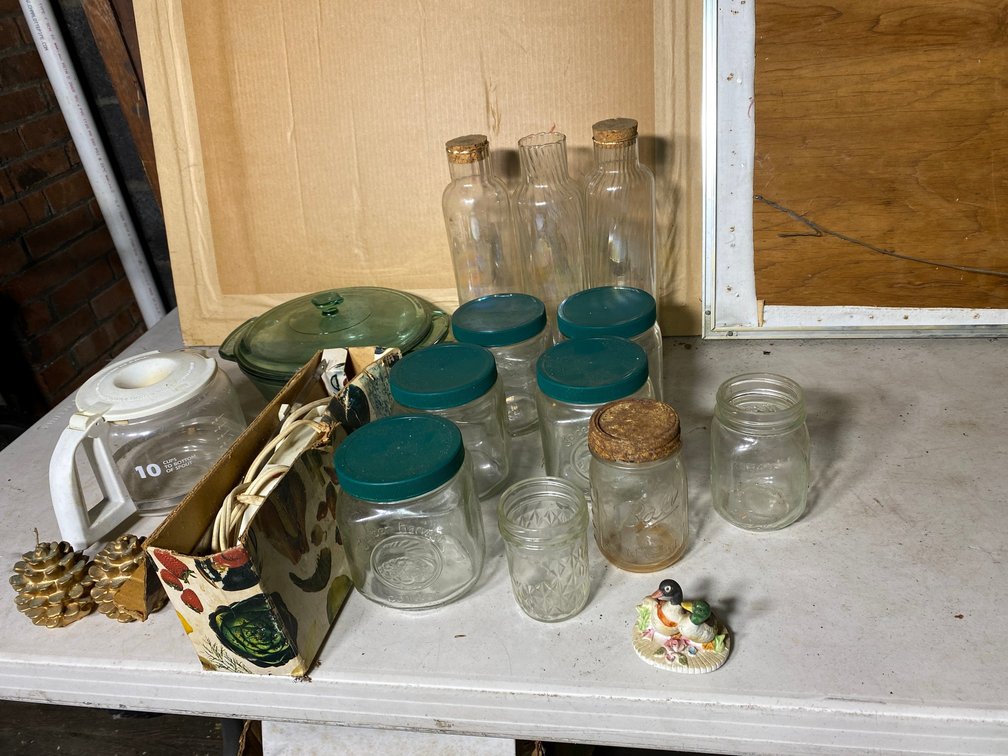 Glass jars, coffee pot, electric knife, misc.