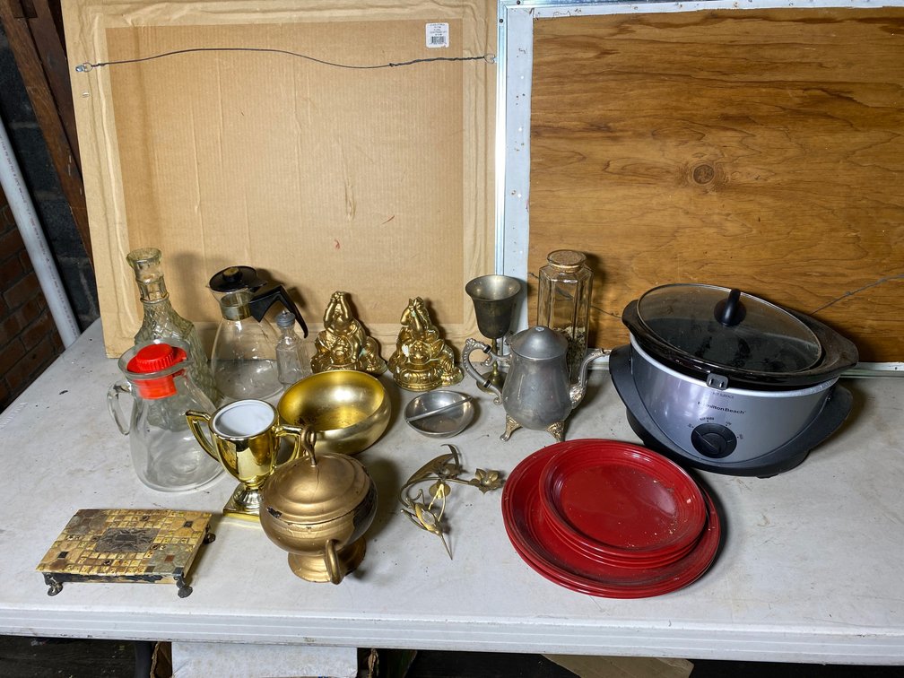 Crockpot, plates, glass pitchers, etc.