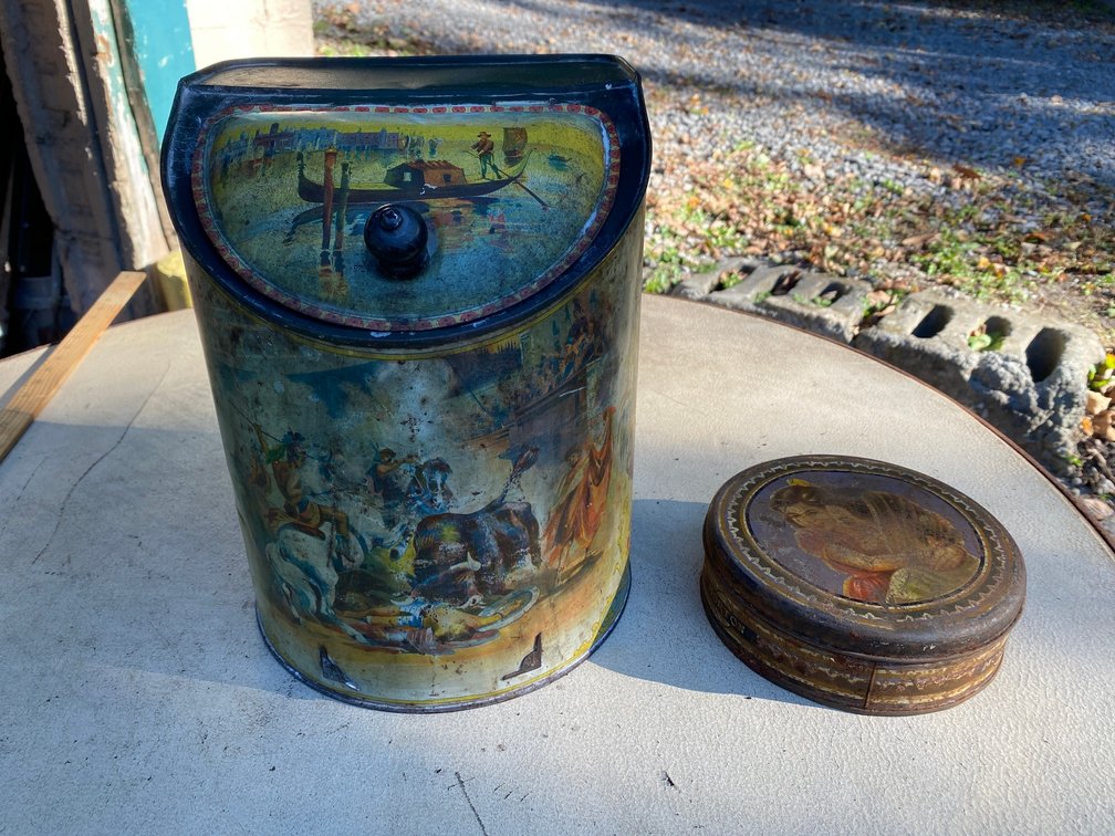 Painted tin container, primitive decorations, misc.